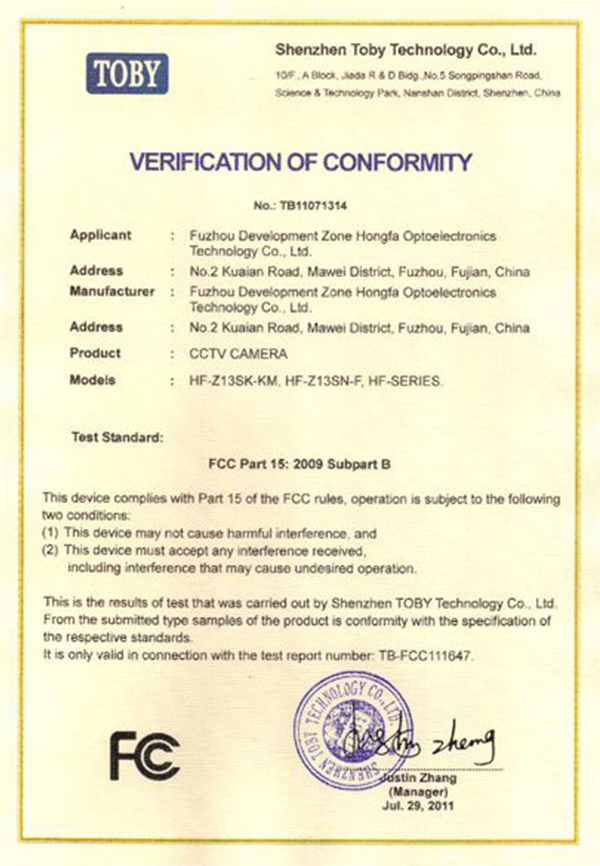 VERIFICATION OF CONFORMITY